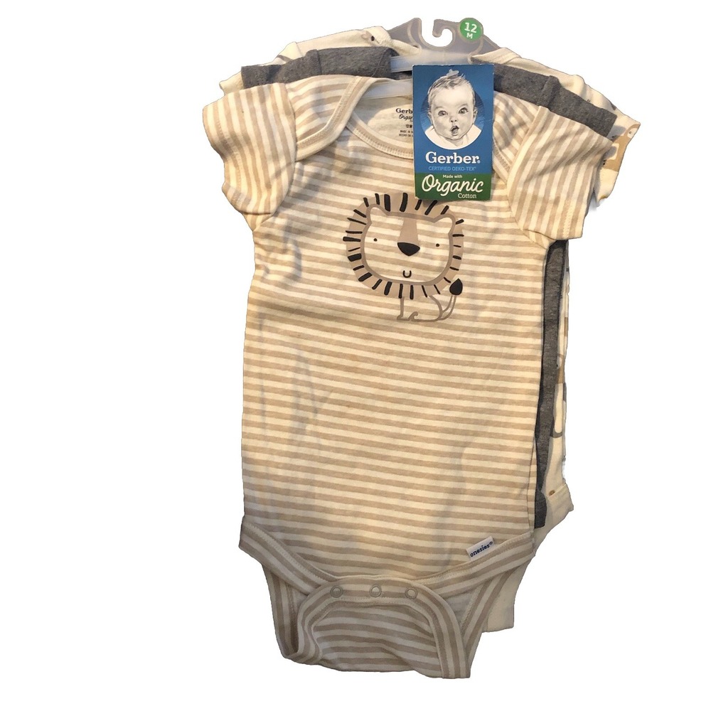 Gerber Baby Boy Bodysuits 3 Piece Set Size 12 Months Organic Cotton Animal Print